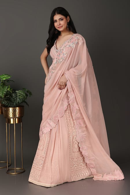Shop Nidhi Kejriwal Pink Crepe, Georgette Floral Cutwork Pre-draped Lehenga Saree With Blouse Online at Aza Fashions Shop_Nidhi Kejriwal_Pink Crepe, Georgette Floral Cutwork Pre-draped Lehenga Saree With Blouse _Online_at_Aza_Fashions
