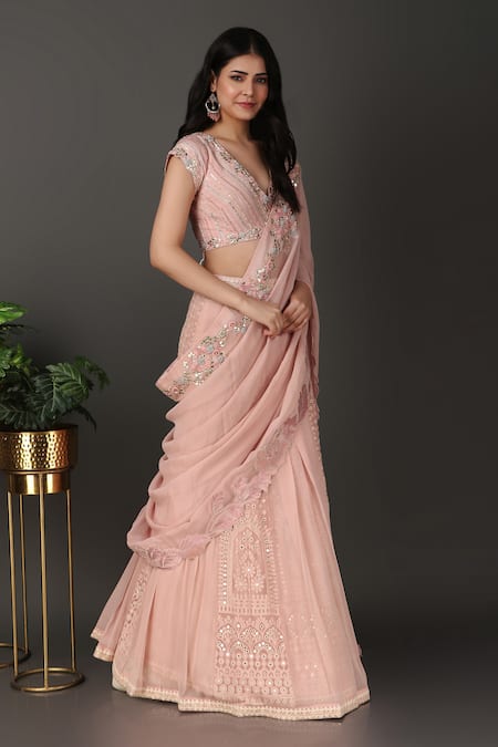 Nidhi Kejriwal Pink Crepe, Georgette Floral Cutwork Pre-draped Lehenga Saree With Blouse at Aza Fashions Nidhi Kejriwal_Pink Crepe, Georgette Floral Cutwork Pre-draped Lehenga Saree With Blouse _at_Aza_Fashions