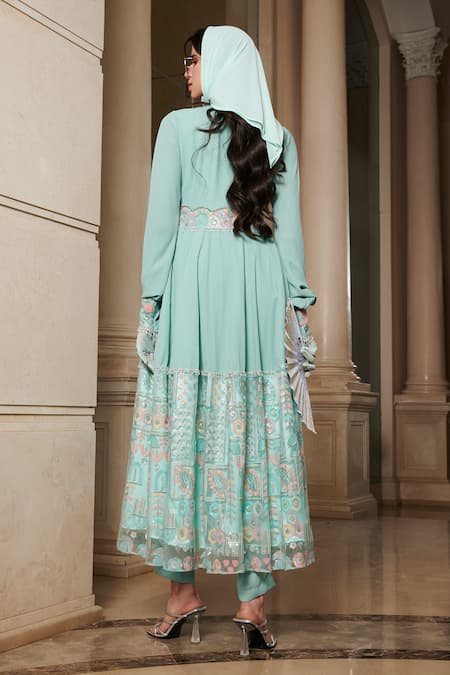 Shop_Esha L Amin_Blue Net Sequins V-neck Embroidered Anarkali _at_Aza_Fashions