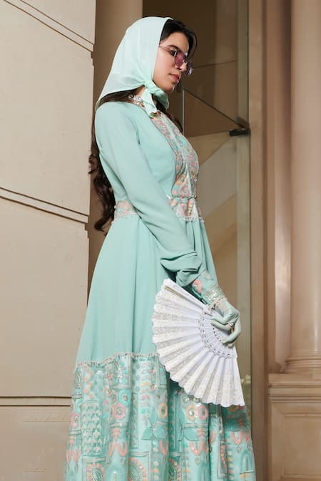 Esha L Amin_Blue Net Sequins V-neck Embroidered Anarkali _Online_at_Aza_Fashions