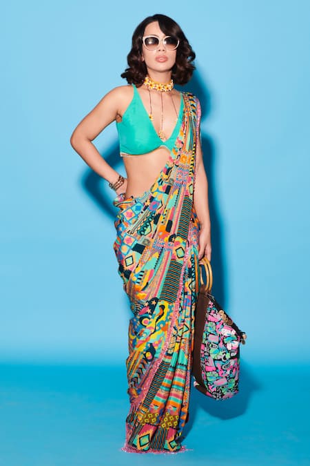 Esha L Amin Multi Color Viscose Crepe Print Floral Aztec Saree 