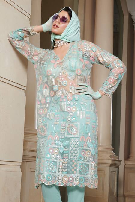 Esha L Amin_Blue Net Sequins V-neck Embroidered Kurta Pant Set _Online_at_Aza_Fashions