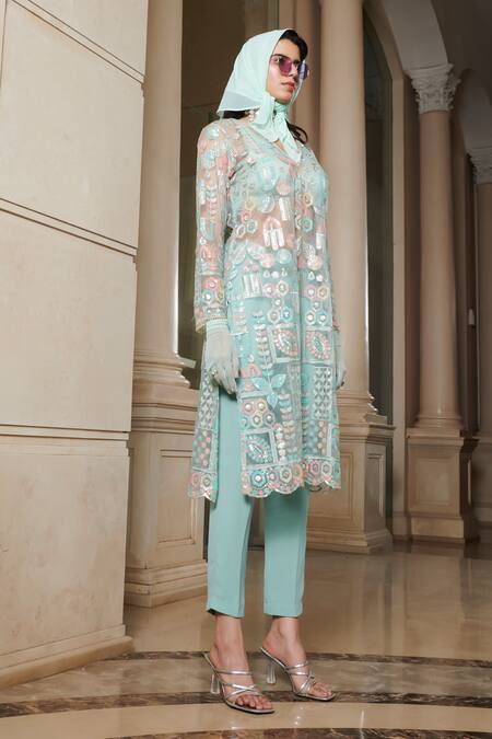 Shop_Esha L Amin_Blue Net Sequins V-neck Embroidered Kurta Pant Set _Online_at_Aza_Fashions