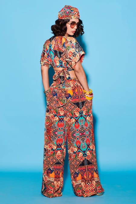 Shop_Esha L Amin_Multi Color Viscose V-neck Floral Collage Print Top _at_Aza_Fashions