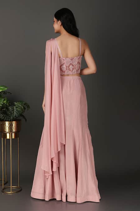 Shop Nidhi Kejriwal Pink Silk, Organza Sequins, Cut Work, Border Pre-draped Saree With Blouse at Aza Fashions Shop_Nidhi Kejriwal_Pink Silk, Organza Sequins, Cut Work, Border Pre-draped Saree With Blouse _at_Aza_Fashions