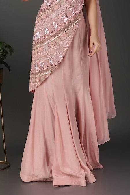 Nidhi Kejriwal Pink Silk, Organza Sequins, Cut Work, Border Pre-draped Saree With Blouse Online at Aza Fashions Nidhi Kejriwal_Pink Silk, Organza Sequins, Cut Work, Border Pre-draped Saree With Blouse _Online_at_Aza_Fashions