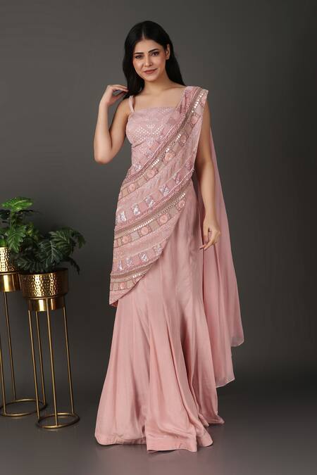 Buy Nidhi Kejriwal Pink Silk, Organza Sequins, Cut Work, Border Pre-draped Saree With Blouse Online at Aza Fashions Buy_Nidhi Kejriwal_Pink Silk, Organza Sequins, Cut Work, Border Pre-draped Saree With Blouse _Online_at_Aza_Fashions