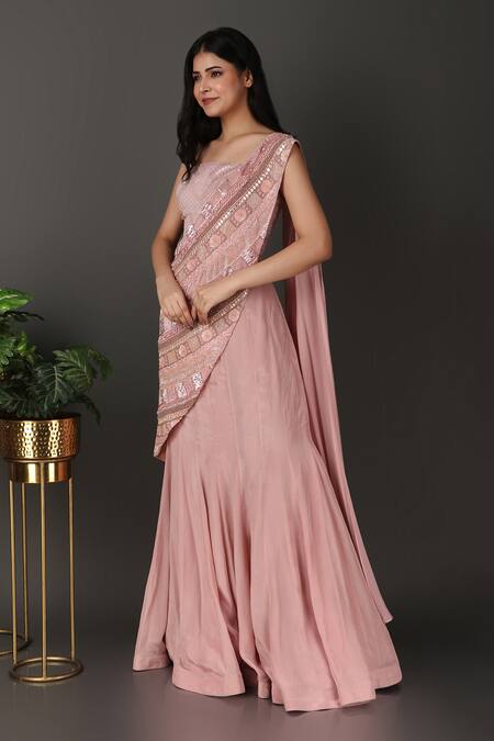 Shop Nidhi Kejriwal Pink Silk, Organza Sequins, Cut Work, Border Pre-draped Saree With Blouse Online at Aza Fashions Shop_Nidhi Kejriwal_Pink Silk, Organza Sequins, Cut Work, Border Pre-draped Saree With Blouse _Online_at_Aza_Fashions