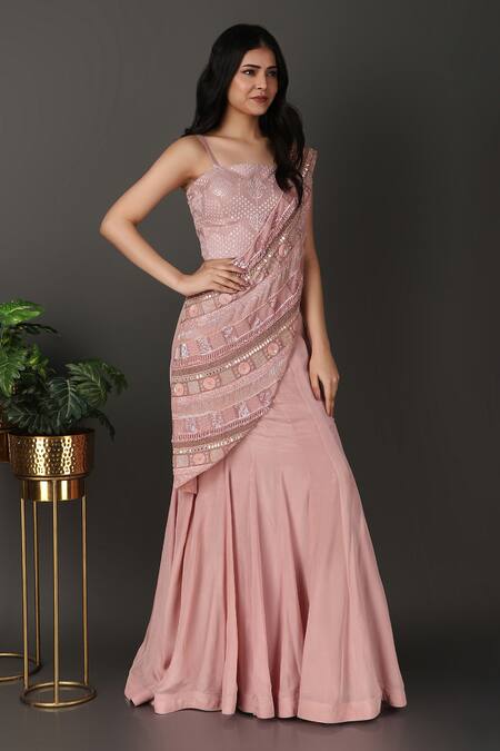 Nidhi Kejriwal Pink Silk, Organza Sequins, Cut Work, Border Pre-draped Saree With Blouse at Aza Fashions Nidhi Kejriwal_Pink Silk, Organza Sequins, Cut Work, Border Pre-draped Saree With Blouse _at_Aza_Fashions