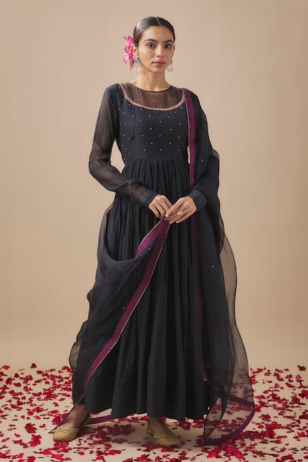 Cupid Cotton Black Chanderi Silk Placement Embroidery Resham Round Bodice Anarkali With Pant 