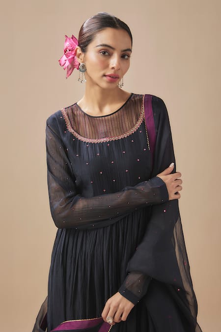 Cupid Cotton_Black Organza, Chanderi Silk, Cotton Resham Bodice Anarkali With Pant _Online_at_Aza_Fashions