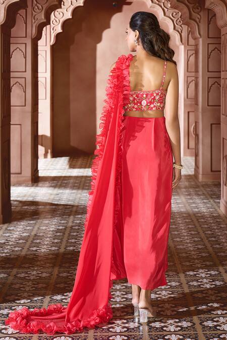 Shop Aariyana Couture Coral Viscose, Crepe Embroidery Sweetheart Neck Ruffle Draped Gown at Aza Fashions Shop_Aariyana Couture_Coral Viscose, Crepe Embroidery Sweetheart Neck Ruffle Draped Gown_at_Aza_Fashions