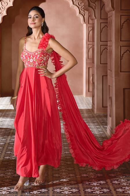 Aariyana Couture Coral Viscose, Crepe Embroidery Sweetheart Neck Ruffle Draped Gown Online at Aza Fashions Aariyana Couture_Coral Viscose, Crepe Embroidery Sweetheart Neck Ruffle Draped Gown_Online_at_Aza_Fashions