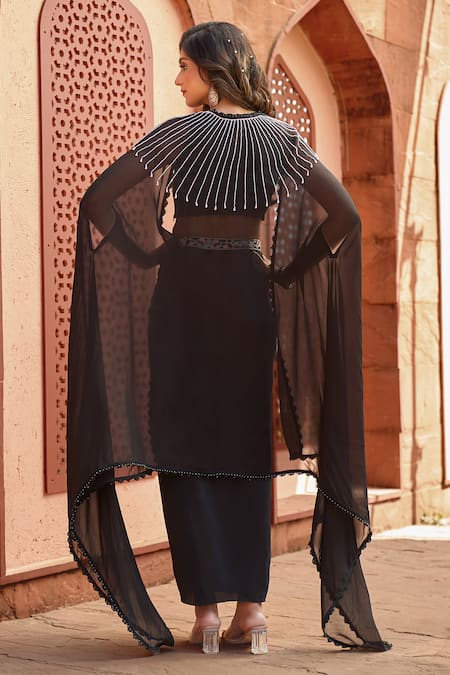 Aariyana Couture Black Viscose, Crepe Pearls, Embroidery, Lace Round Neck Cape And Draped Skirt Set Online at Aza Fashions Aariyana Couture_Black Viscose, Crepe Pearls, Embroidery, Lace Round Neck Cape And Draped Skirt Set _Online_at_Aza_Fashions