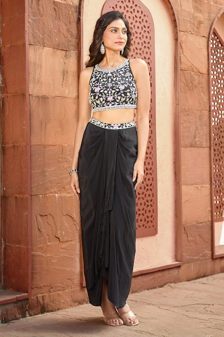 Buy Aariyana Couture Black Viscose, Crepe Pearls, Embroidery, Lace Round Neck Cape And Draped Skirt Set Online at Aza Fashions Buy_Aariyana Couture_Black Viscose, Crepe Pearls, Embroidery, Lace Round Neck Cape And Draped Skirt Set _Online_at_Aza_Fashions