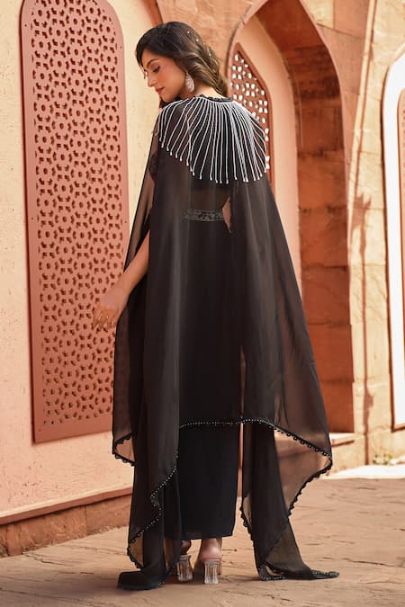 Aariyana Couture Black Viscose, Crepe Pearls, Embroidery, Lace Round Neck Cape And Draped Skirt Set at Aza Fashions Aariyana Couture_Black Viscose, Crepe Pearls, Embroidery, Lace Round Neck Cape And Draped Skirt Set _at_Aza_Fashions