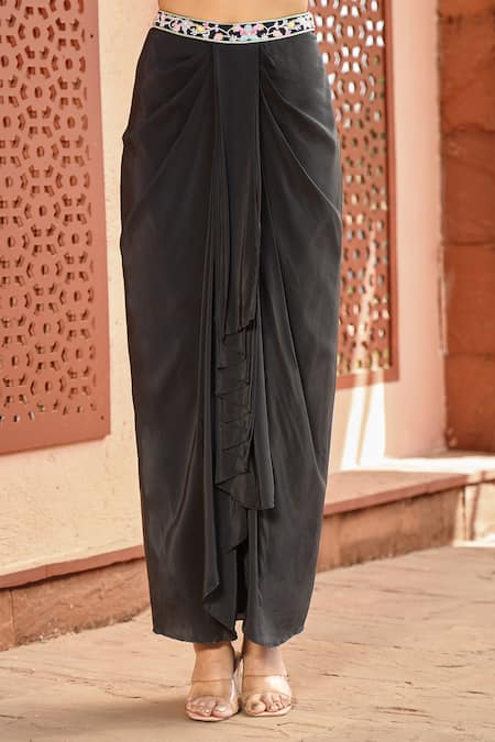 Shop Aariyana Couture Black Viscose, Crepe Pearls, Embroidery, Lace Round Neck Cape And Draped Skirt Set Shop_Aariyana Couture_Black Viscose, Crepe Pearls, Embroidery, Lace Round Neck Cape And Draped Skirt Set