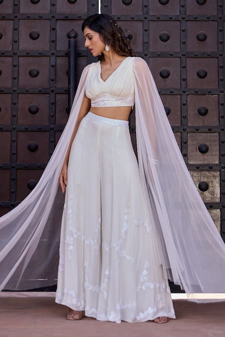 Buy_Aariyana Couture_Ivory Viscose, Georgette Sequins, Beads Draped Blouse And Embroidered Sharara Set _Online_at_Aza_Fashions