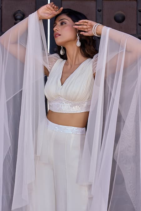 Shop_Aariyana Couture_Ivory Viscose, Georgette Sequins, Beads Draped Blouse And Embroidered Sharara Set _Online_at_Aza_Fashions