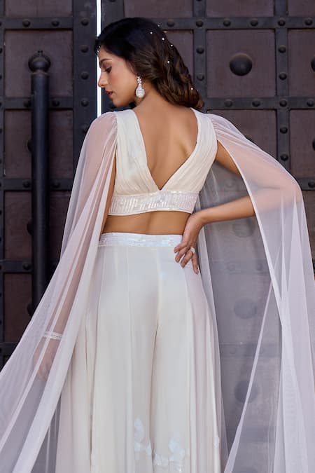 Shop_Aariyana Couture_Ivory Viscose, Georgette Sequins, Beads Draped Blouse And Embroidered Sharara Set 
