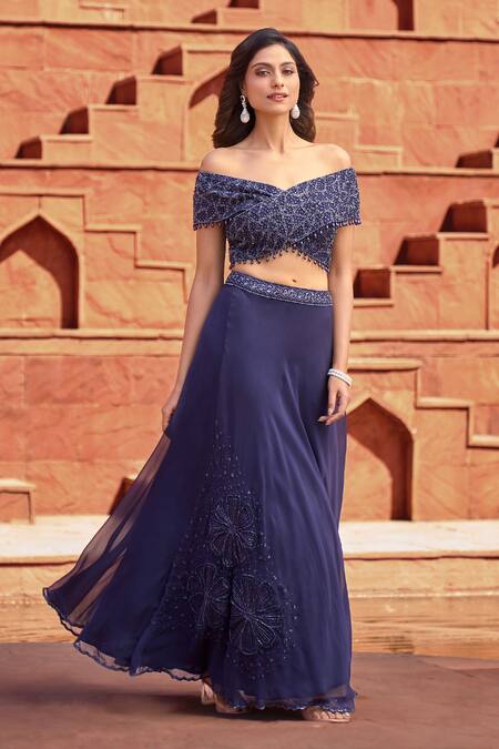 Buy_Aariyana Couture_Blue Viscose, Organza Sequins, Beads, Cut Off Embroidered Blouse And Skirt Set_Online_at_Aza_Fashions