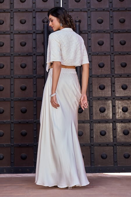 Shop Aariyana Couture Ivory Modal, Satin Sequins, Beads, Embroidery Floral Jacket And Draped Skirt Set at Aza Fashions Shop_Aariyana Couture_Ivory Modal, Satin Sequins, Beads, Embroidery Floral Jacket And Draped Skirt Set_at_Aza_Fashions