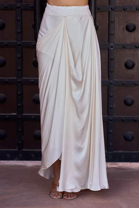 Buy Aariyana Couture Ivory Modal, Satin Sequins, Beads, Embroidery Floral Jacket And Draped Skirt Set Buy_Aariyana Couture_Ivory Modal, Satin Sequins, Beads, Embroidery Floral Jacket And Draped Skirt Set