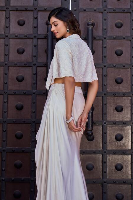 Shop Aariyana Couture Ivory Modal, Satin Sequins, Beads, Embroidery Floral Jacket And Draped Skirt Set Shop_Aariyana Couture_Ivory Modal, Satin Sequins, Beads, Embroidery Floral Jacket And Draped Skirt Set