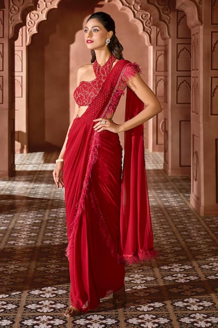 Aariyana Couture Red Viscose, Georgette Feather Border Pre-draped Saree With Embroidered Blouse Online at Aza Fashions Aariyana Couture_Red Viscose, Georgette Feather Border Pre-draped Saree With Embroidered Blouse_Online_at_Aza_Fashions
