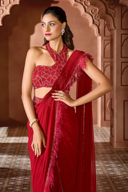Shop Aariyana Couture Red Viscose, Georgette Feather Border Pre-draped Saree With Embroidered Blouse Online at Aza Fashions Shop_Aariyana Couture_Red Viscose, Georgette Feather Border Pre-draped Saree With Embroidered Blouse_Online_at_Aza_Fashions