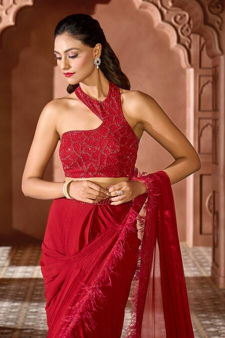 Aariyana Couture Red Viscose, Georgette Feather Border Pre-draped Saree With Embroidered Blouse at Aza Fashions Aariyana Couture_Red Viscose, Georgette Feather Border Pre-draped Saree With Embroidered Blouse_at_Aza_Fashions