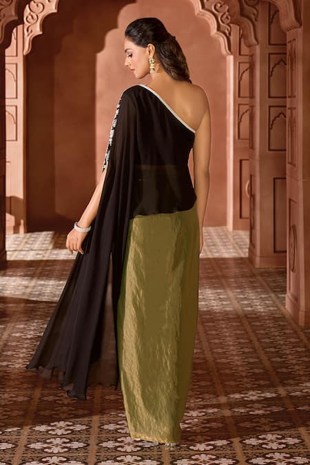 Shop Aariyana Couture Black Viscose, Tissue Pearls One Shoulder Embroidered Top And Draped Skirt Set at Aza Fashions Shop_Aariyana Couture_Black Viscose, Tissue Pearls One Shoulder Embroidered Top And Draped Skirt Set_at_Aza_Fashions
