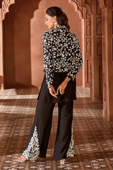 Shop Aariyana Couture Black Silk Embroidery, Pearls Collared, Scoop Floral Jaal Jacket And Kurta Set at Aza Fashions Shop_Aariyana Couture_Black Silk Embroidery, Pearls Collared, Scoop Floral Jaal Jacket And Kurta Set_at_Aza_Fashions