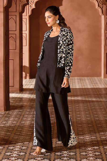 Aariyana Couture Black Silk Embroidery, Pearls Collared, Scoop Floral Jaal Jacket And Kurta Set Online at Aza Fashions Aariyana Couture_Black Silk Embroidery, Pearls Collared, Scoop Floral Jaal Jacket And Kurta Set_Online_at_Aza_Fashions