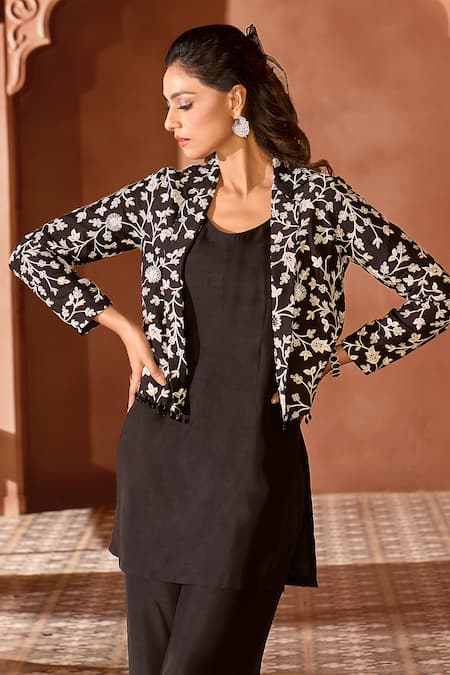 Buy Aariyana Couture Black Silk Embroidery, Pearls Collared, Scoop Floral Jaal Jacket And Kurta Set Online at Aza Fashions Buy_Aariyana Couture_Black Silk Embroidery, Pearls Collared, Scoop Floral Jaal Jacket And Kurta Set_Online_at_Aza_Fashions
