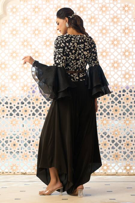 Shop Aariyana Couture Black Silk, Crepe Embroidery, Pearls Collared Floral Jaal Jacket Top And Pant Set at Aza Fashions Shop_Aariyana Couture_Black Silk, Crepe Embroidery, Pearls Collared Floral Jaal Jacket Top And Pant Set_at_Aza_Fashions