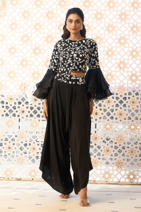 Aariyana Couture Black Silk, Crepe Embroidery, Pearls Collared Floral Jaal Jacket Top And Pant Set Online at Aza Fashions Aariyana Couture_Black Silk, Crepe Embroidery, Pearls Collared Floral Jaal Jacket Top And Pant Set_Online_at_Aza_Fashions