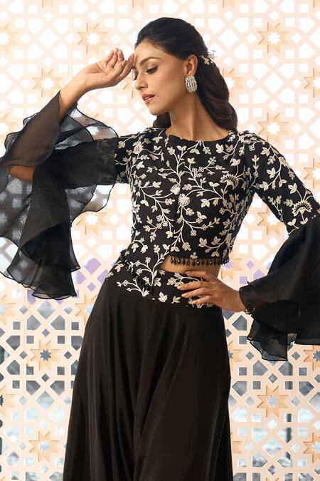 Shop Aariyana Couture Black Silk, Crepe Embroidery, Pearls Collared Floral Jaal Jacket Top And Pant Set Shop_Aariyana Couture_Black Silk, Crepe Embroidery, Pearls Collared Floral Jaal Jacket Top And Pant Set