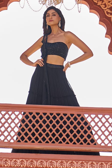 Aariyana Couture_Black Viscose, Georgette, Net Embroidered Draped Blouse And Tiered Skirt Set_Online_at_Aza_Fashions
