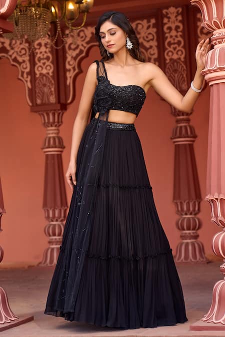 Shop_Aariyana Couture_Black Viscose, Georgette, Net Embroidered Draped Blouse And Tiered Skirt Set_Online_at_Aza_Fashions