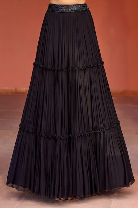Buy_Aariyana Couture_Black Viscose, Georgette, Net Embroidered Draped Blouse And Tiered Skirt Set