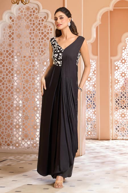 Aariyana Couture Black Modal Satin Embroidered Floral Jaal V Neck Draped Saree Gown 