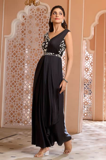 Aariyana Couture Black Modal, Satin, Net Pearls V-neck Floral Jaal Embroidered Saree Gown Online at Aza Fashions Aariyana Couture_Black Modal, Satin, Net Pearls V-neck Floral Jaal Embroidered Saree Gown_Online_at_Aza_Fashions