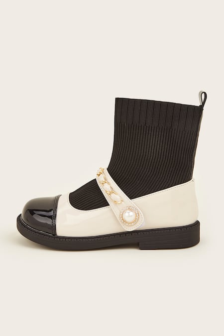 Ninobello_Beige Chains, Beads Strap Embellished Belly Boots _Online_at_Aza_Fashions