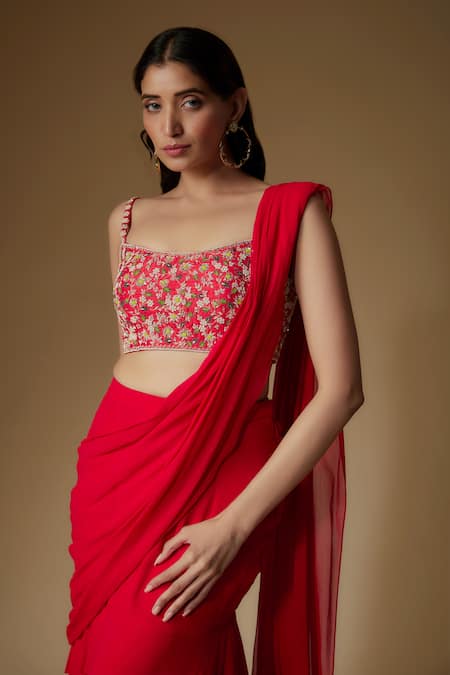 Maisolos_Red Georgette, Silk Sequins, Embroidery Pre-draped Tiered Saree With Blouse_Online_at_Aza_Fashions