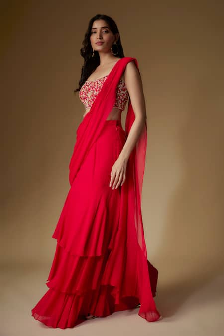 Buy_Maisolos_Red Georgette, Silk Sequins, Embroidery Pre-draped Tiered Saree With Blouse_Online_at_Aza_Fashions