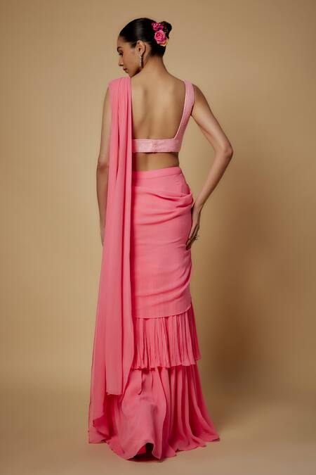 Shop Maisolos Pink Georgette, Silk Sequins Square Pleated Layered Pre-draped Saree With Blouse at Aza Fashions Shop_Maisolos_Pink Georgette, Silk Sequins Square Pleated Layered Pre-draped Saree With Blouse_at_Aza_Fashions