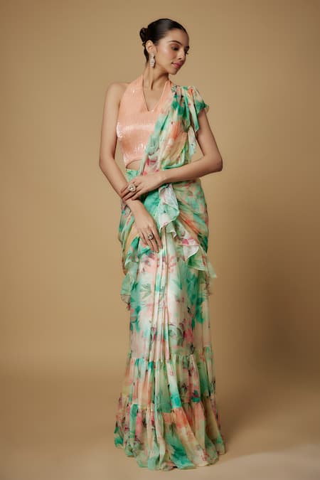 MAISOLOS Floral Print Pre-Draped Saree With Blouse 