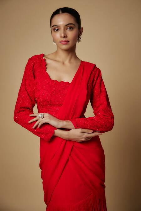 Maisolos_Red Georgette Cut Work Round Neck Pleated Tiered Saree With Embroidered Blouse_Online_at_Aza_Fashions