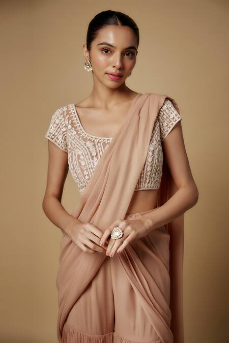Maisolos_Brown Net, Georgette Embroidery, Sequins Pre-draped Sharara Saree With Blouse_Online_at_Aza_Fashions